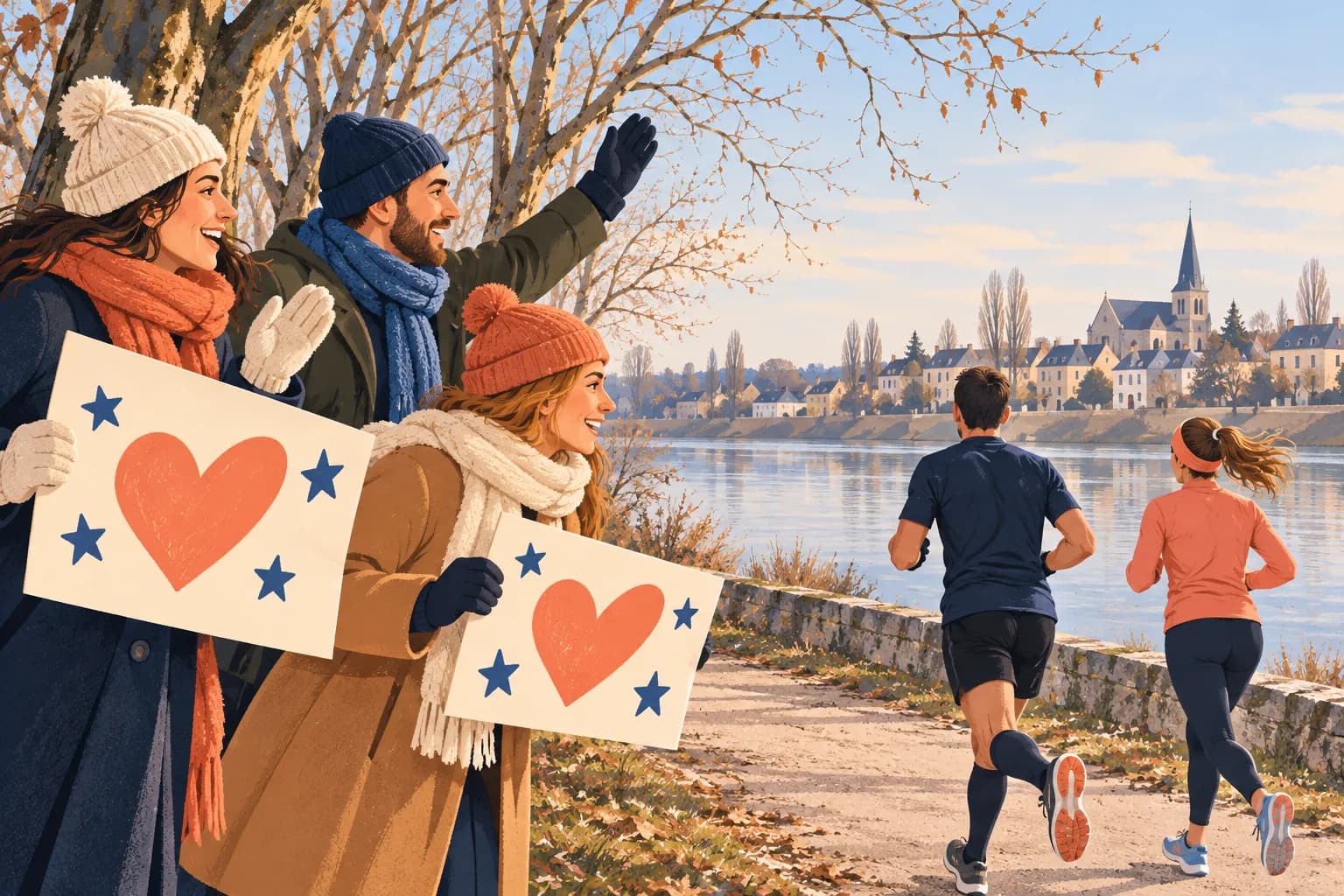 Illustration de supporters en tenue d’hiver tenant des pancartes à cœurs au bord d’une course près de la Loire.
