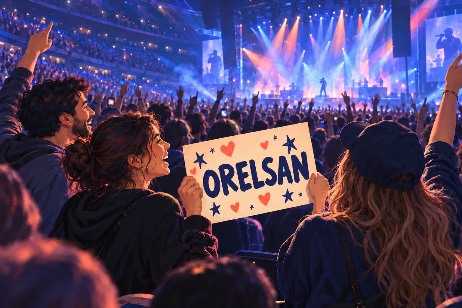 Illustration de fans tenant une pancarte portant le nom ORELSAN pendant un concert dans une salle éclairée en bleu et violet.