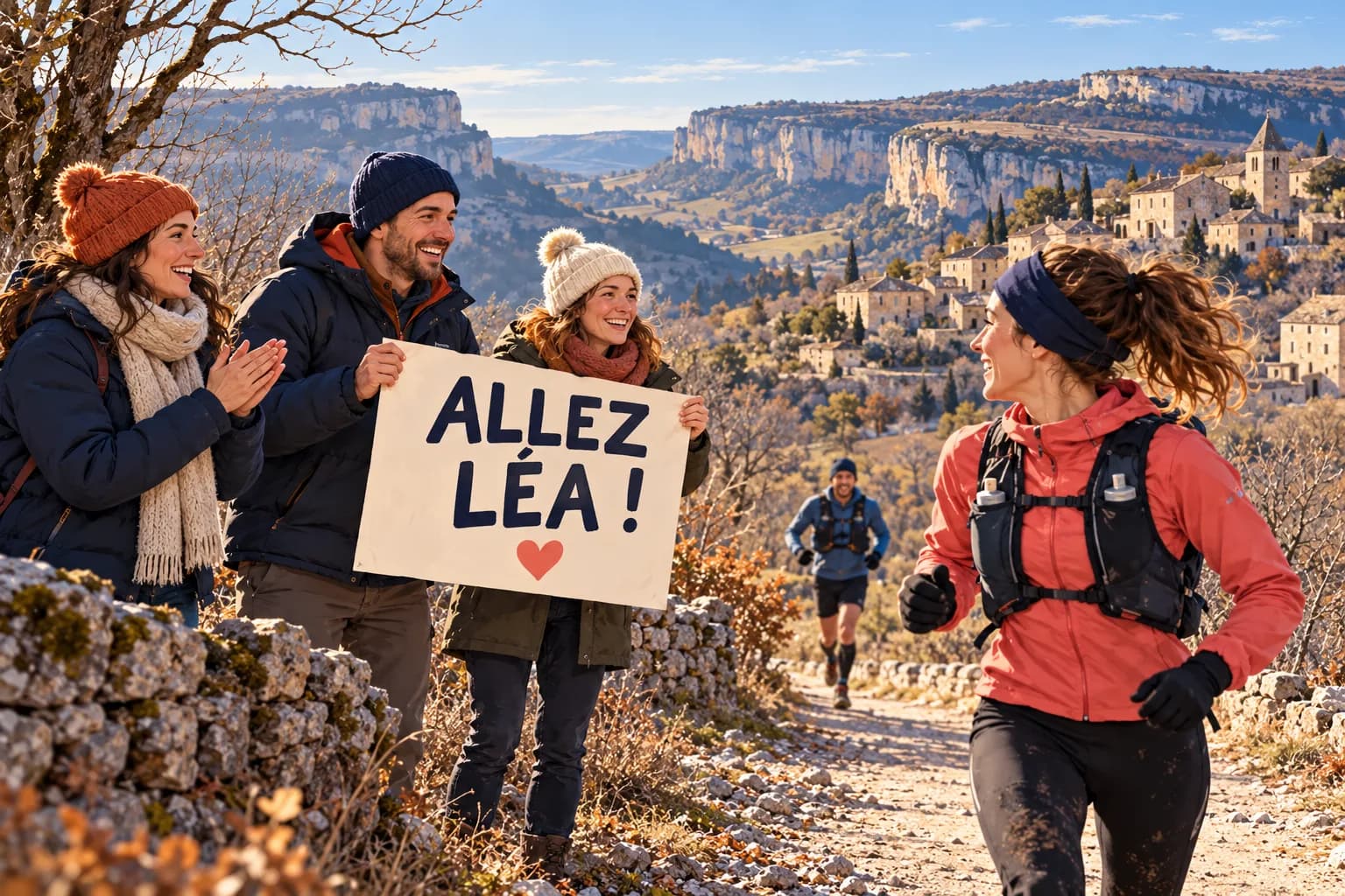 Illustration de supporters tenant une pancarte « Allez Léa ! » au passage d’une traileuse dans un paysage hivernal des Causses.